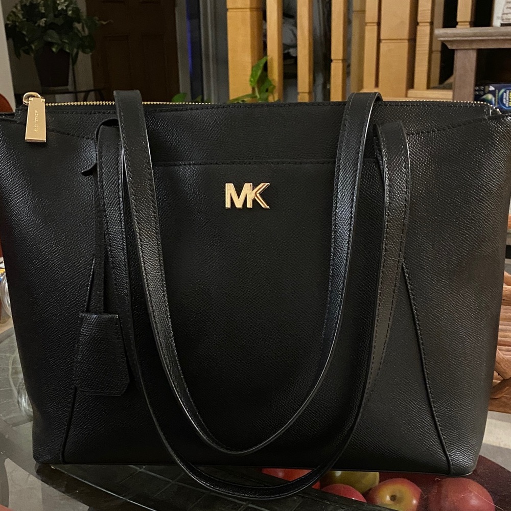 Michael Kors Black Maddie Tote Gold Signature Logo & Hardware